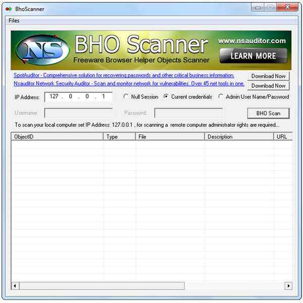 Click to view BhoScanner 1.9 screenshot