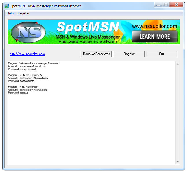 SpotMSN Password Recover screen shot